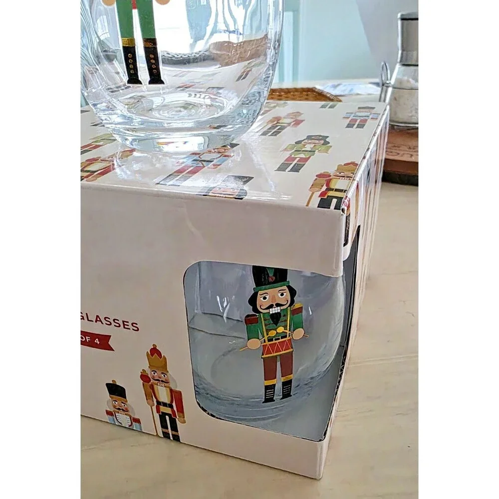 Home Essentials Winterberrie Lane Nutcracker Stemless Glasses Set of 4 New